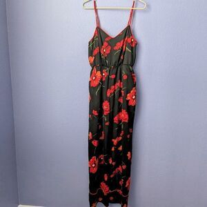 Women's Love & Piece Collective Jumpsuit Black Red Floral Print Medium Pockets